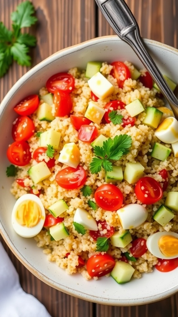 A colorful quinoa salad with hard-boiled eggs, tomatoes, cucumber, and parsley in a rustic bowl.